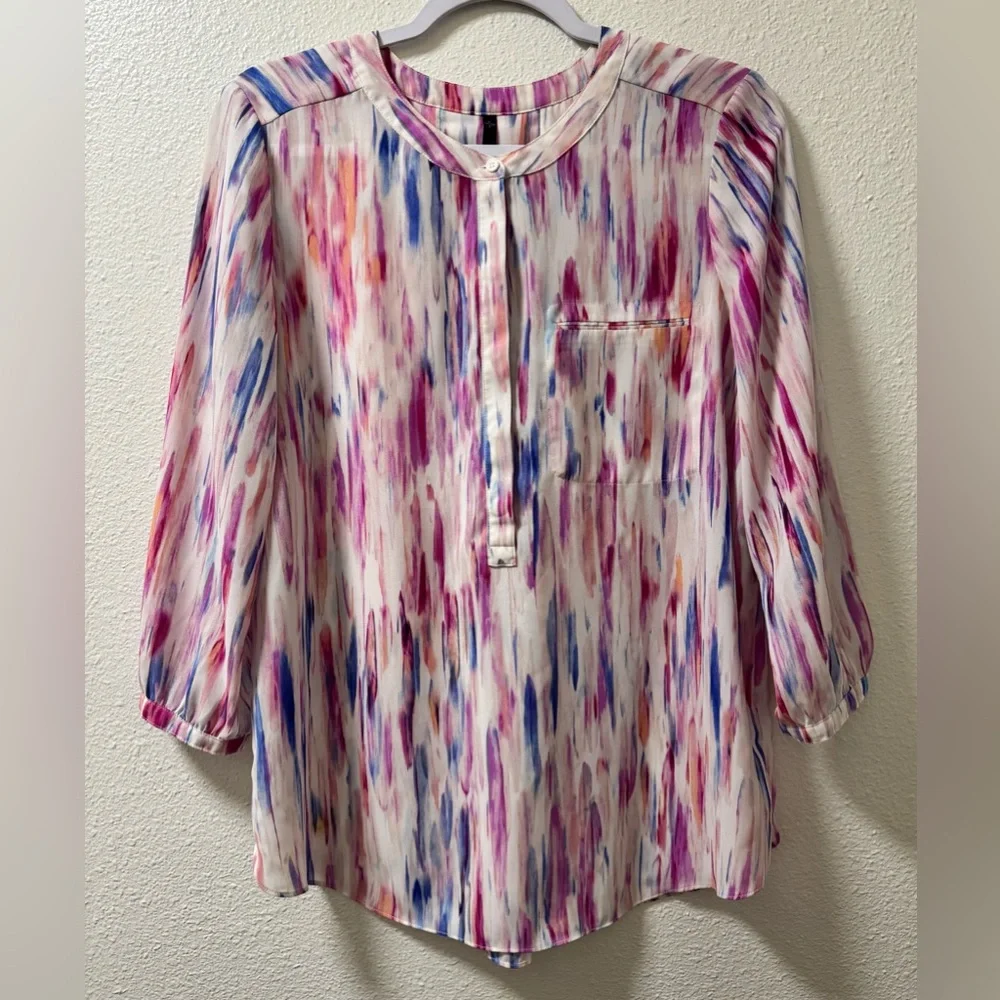 NYDJ Abstract Watercolor Tunic Blouse Top 3/4 Sleeve Pleated Women’s Medium - Picture 1 of 10